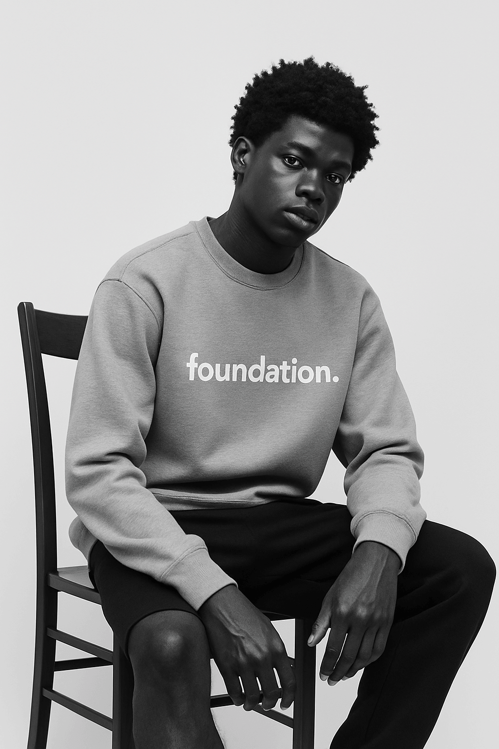 Foundation model seated in a monochrome portrait