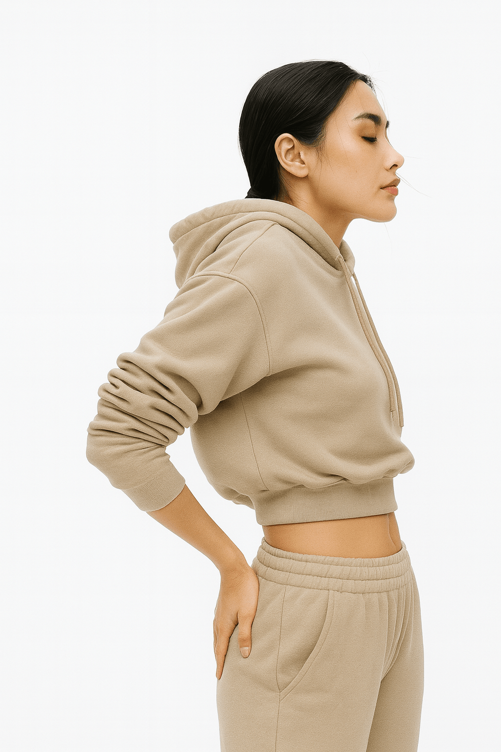 Foundation model in a neutral hooded look