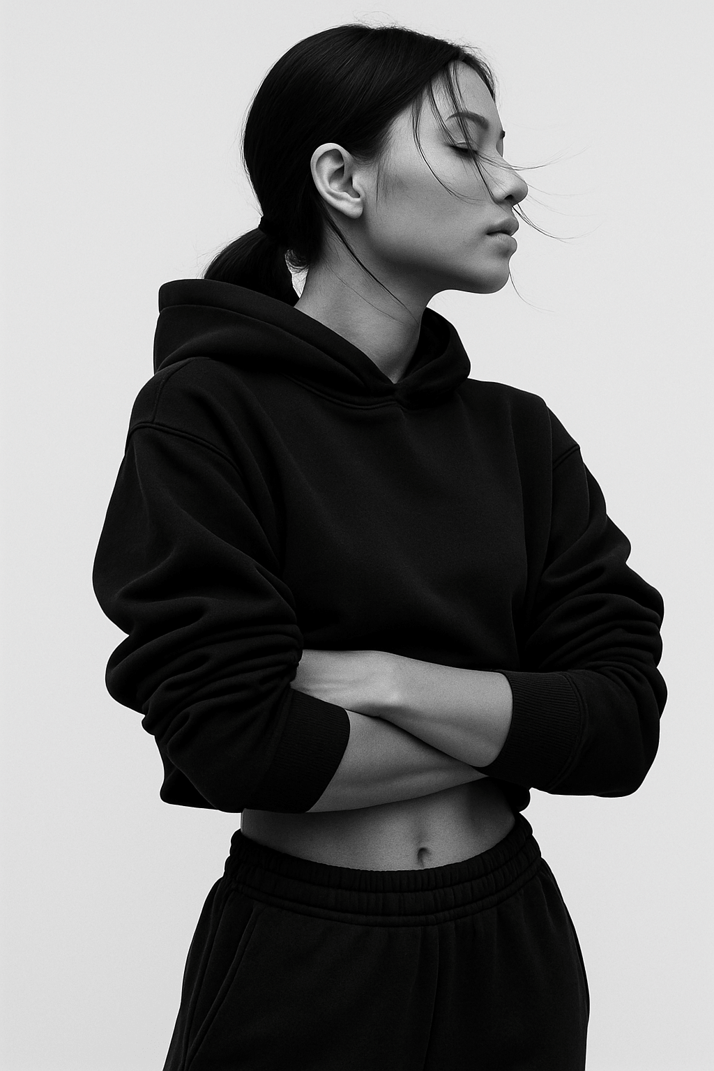 Foundation campaign model in a black hooded look